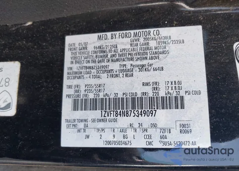 2007 Ford Mustang V6 Deluxe/V6 Premium из США, поврежденный, VIN 1ZVFT84N875349097